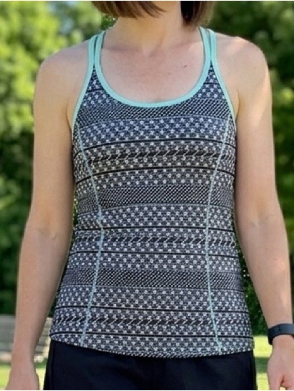 RBX Active Racerback Tank Top Built-In Shelf Bra Geo Print Mint Trim Gym S EUC